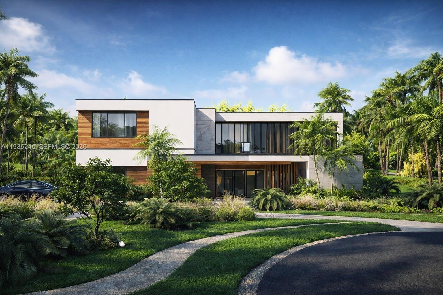 This is a rendering of a modern two-story house with wood accents and lush landscaping — 2757 Lake Ridge Ln, Weston FL 33332, WESTON, FL