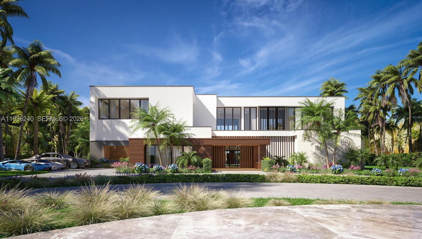 This is a rendering of a modern two-story house with palm trees and luxury cars — 2757 Lake Ridge Ln, Weston FL 33332, WESTON, FL