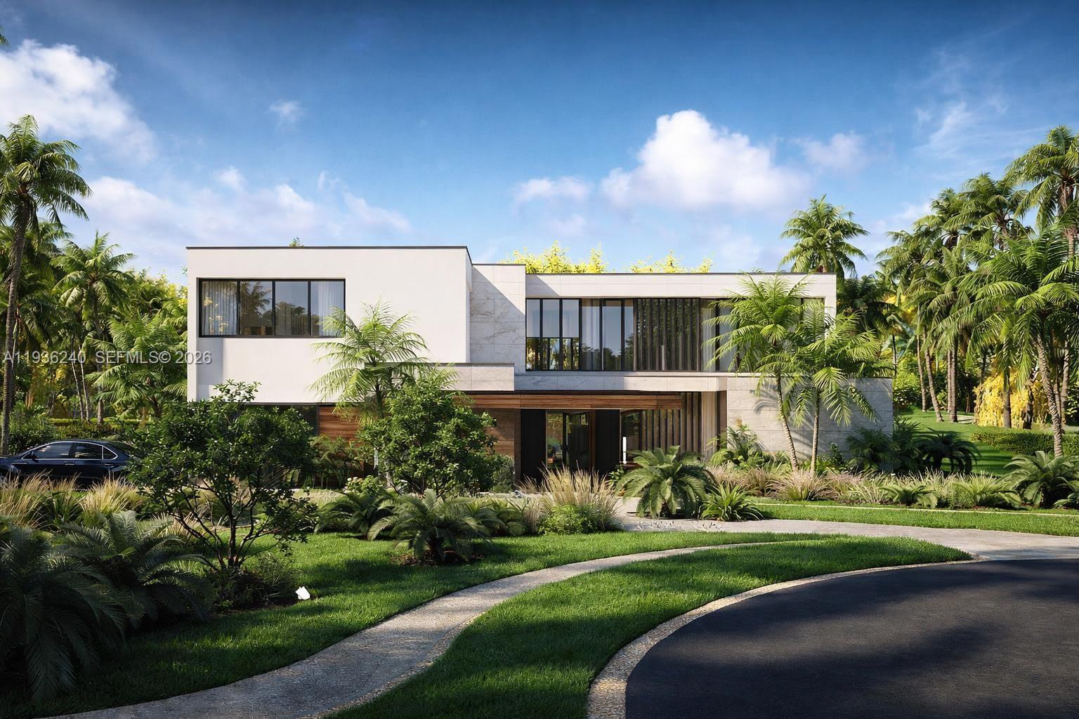 This is a rendering of a modern two-story house with palm trees and landscaping — 2757 Lake Ridge Ln, Weston FL 33332, WESTON, FL