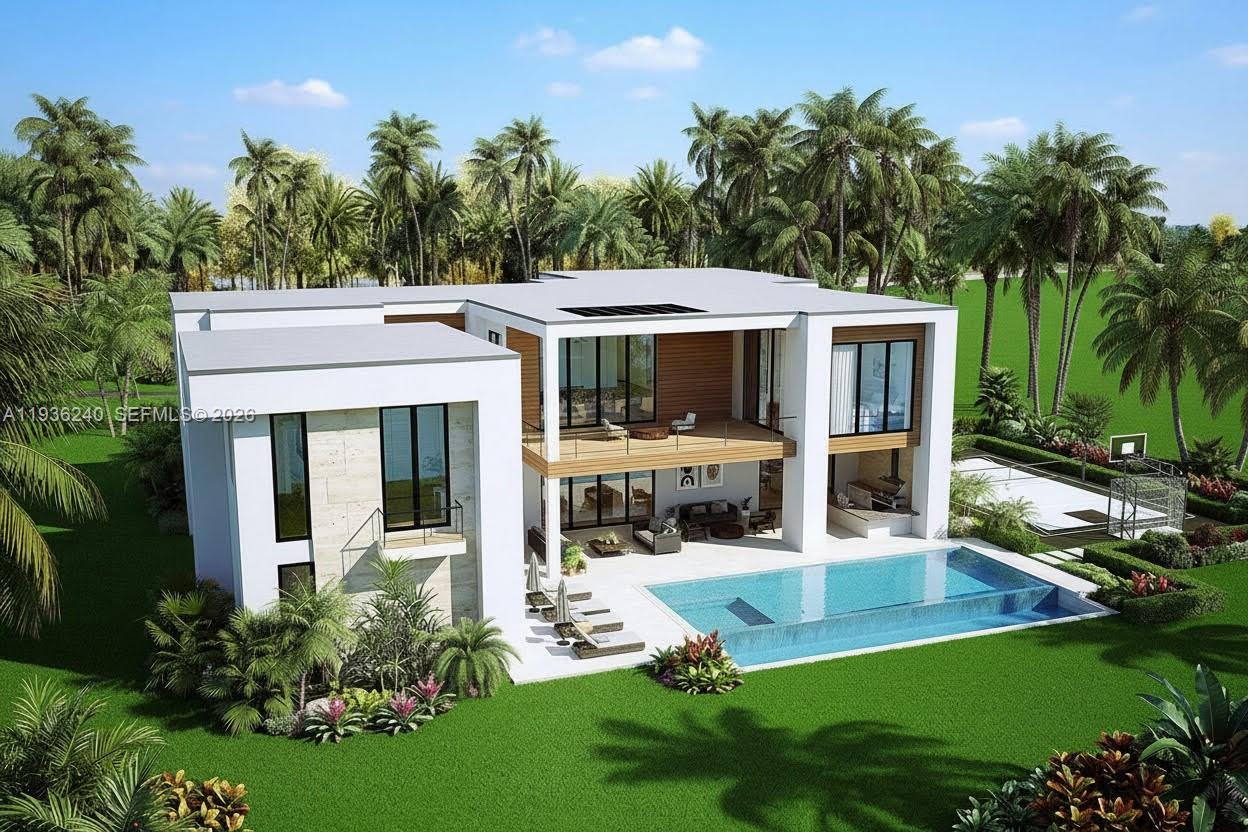 This architectural rendering shows a modern two-story house with a pool and a large lawn — 2757 Lake Ridge Ln, Weston FL 33332, WESTON, FL