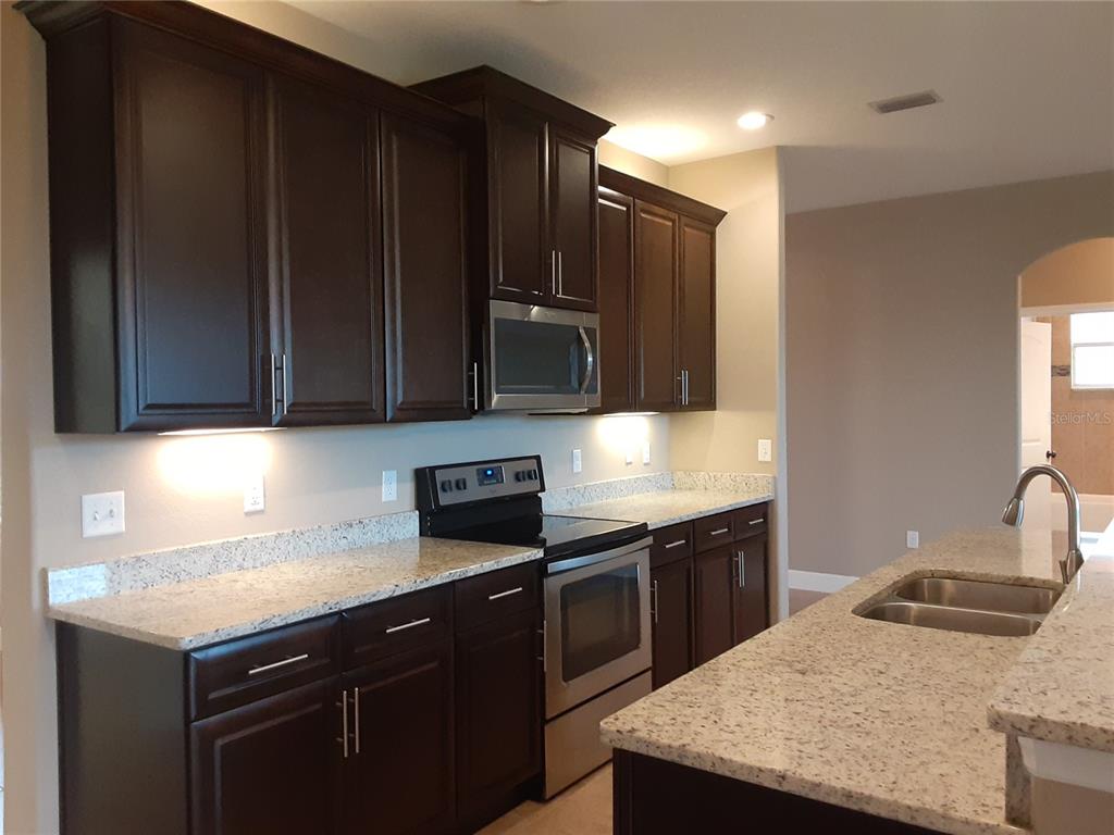 A kitchen features dark wood cabinets, granite countertops, and stainless steel appliances — 33848 EMERALD POND LOOP, LEESBURG, FL
