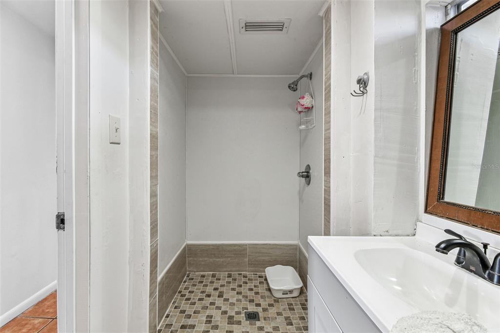 A bathroom features a tiled walk-in shower, a white vanity, and a wall-mounted mirror — 855 E BRANDON BOULEVARD, BRANDON, FL