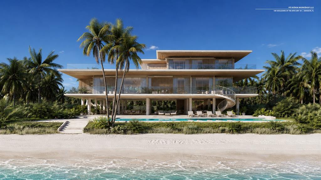 A rendering of a modern multi-story beachfront house with a pool and spiral staircase — 3301 BAY SHORE ROAD, SARASOTA, FL