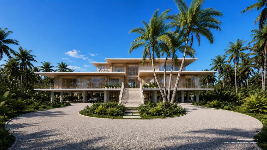 This architectural rendering shows a modern stilt house surrounded by palm trees and a gravel driveway — 3301 BAY SHORE ROAD, SARASOTA, FL