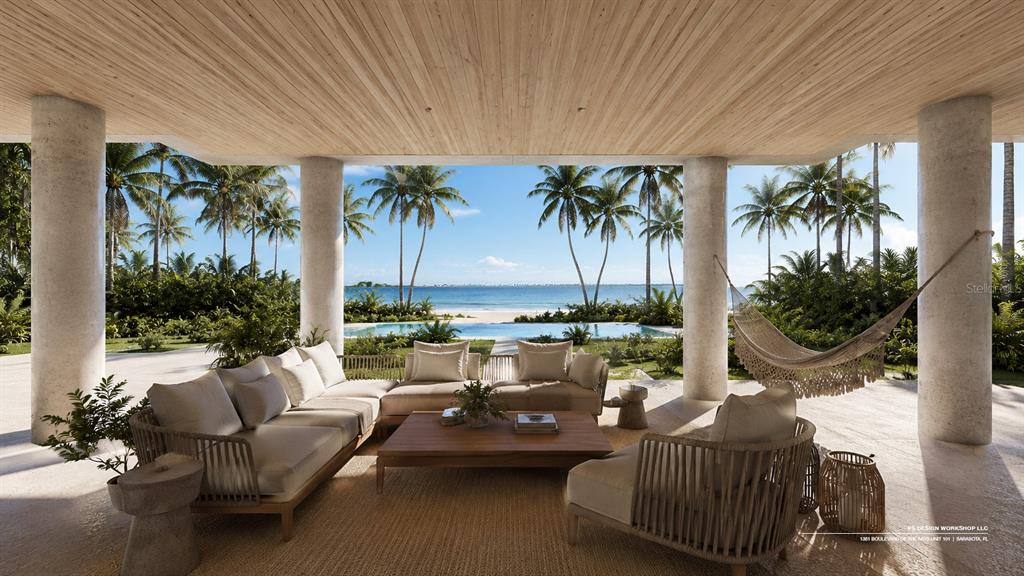 This rendering shows an open-air patio with a sectional sofa, hammock, and ocean view — 3301 BAY SHORE ROAD, SARASOTA, FL