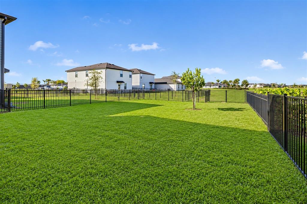 A fenced backyard with green grass and a small tree under a blue sky — 17809 BELFORTE COURT, NORTH FORT MYERS, FL