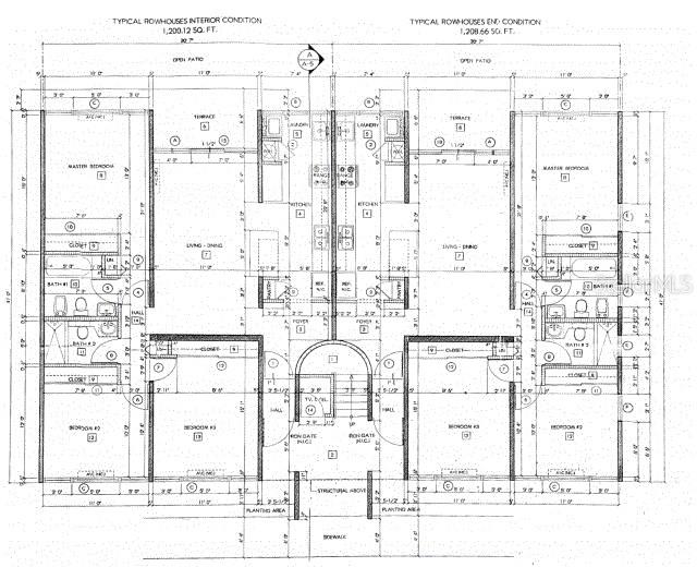 This floor plan shows two mirrored rowhouse units with multiple bedrooms, bathrooms, and open patios — CLL KROS INT PR 169 STREET, GUAYNABO, PR