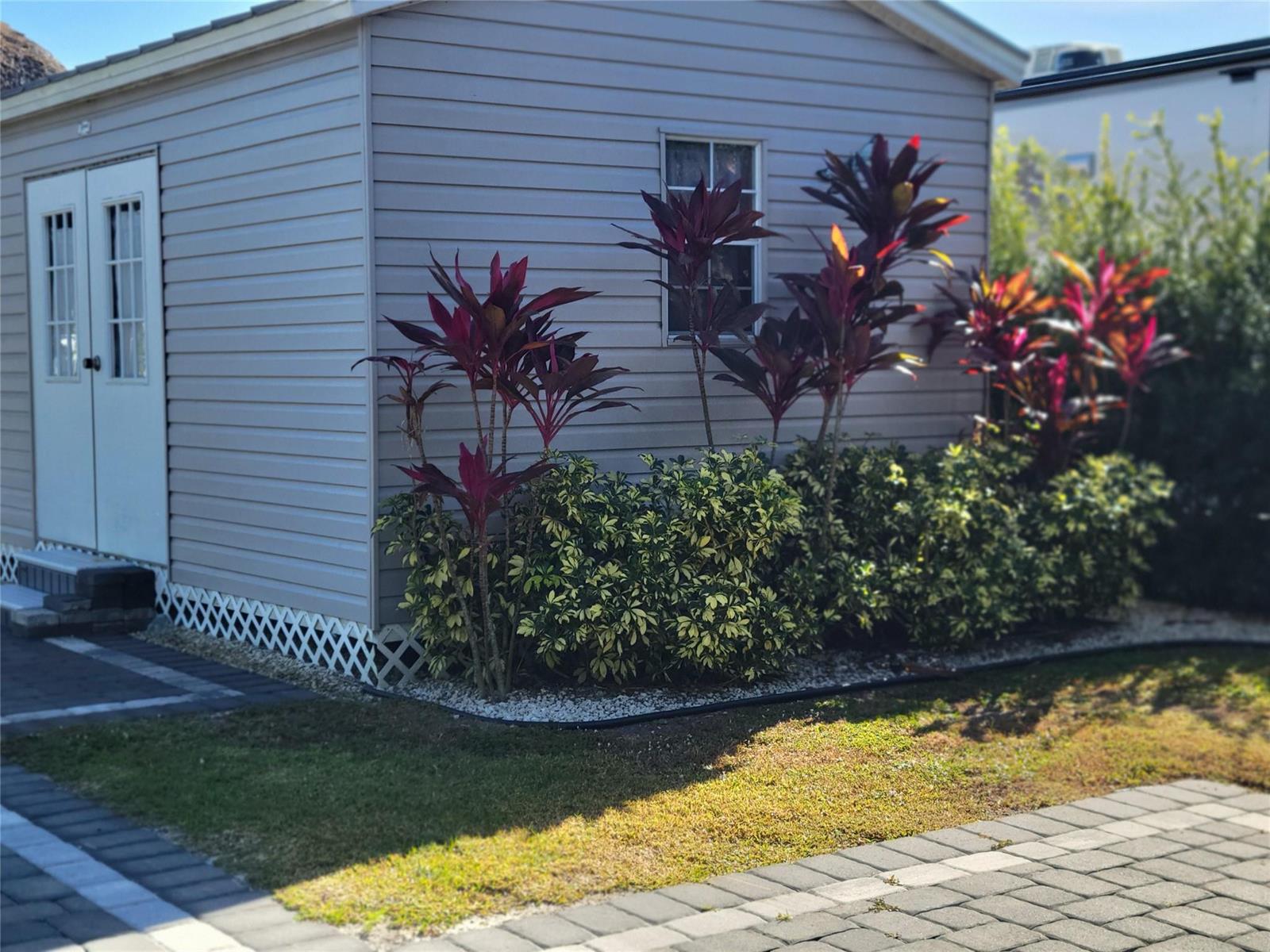 A light-colored shed with double doors and landscaping featuring red-leafed plants and green shrubs — 3704 SW 7th Manor, Okeechobee FL 34974, OKEECHOBEE, FL