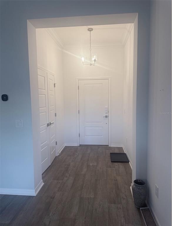 An entryway features a white front door, a light fixture, and wood-look flooring — 2790 CARYTOWN LOOP, THE VILLAGES, FL
