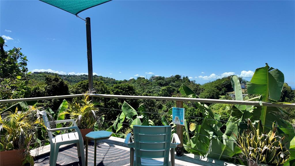 A wooden deck features two chairs, a small table, and lush tropical plants overlooking hills — 412 CARR EL COQUI, RINCON, PR