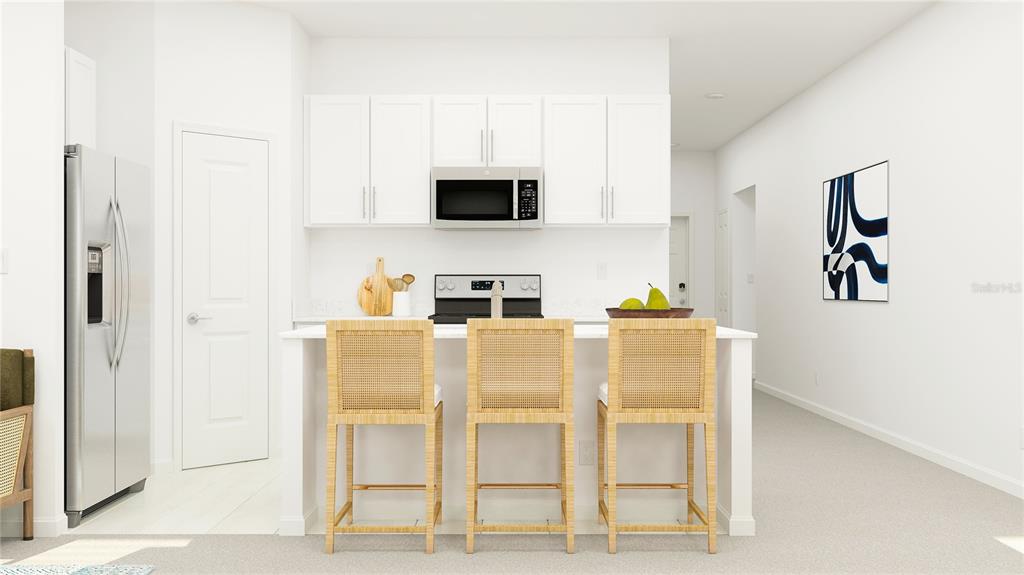 This is a rendering of a modern kitchen featuring white cabinetry, stainless appliances, and bar seating — 3821 NORTHERN KEY DRIVE, PLANT CITY, FL