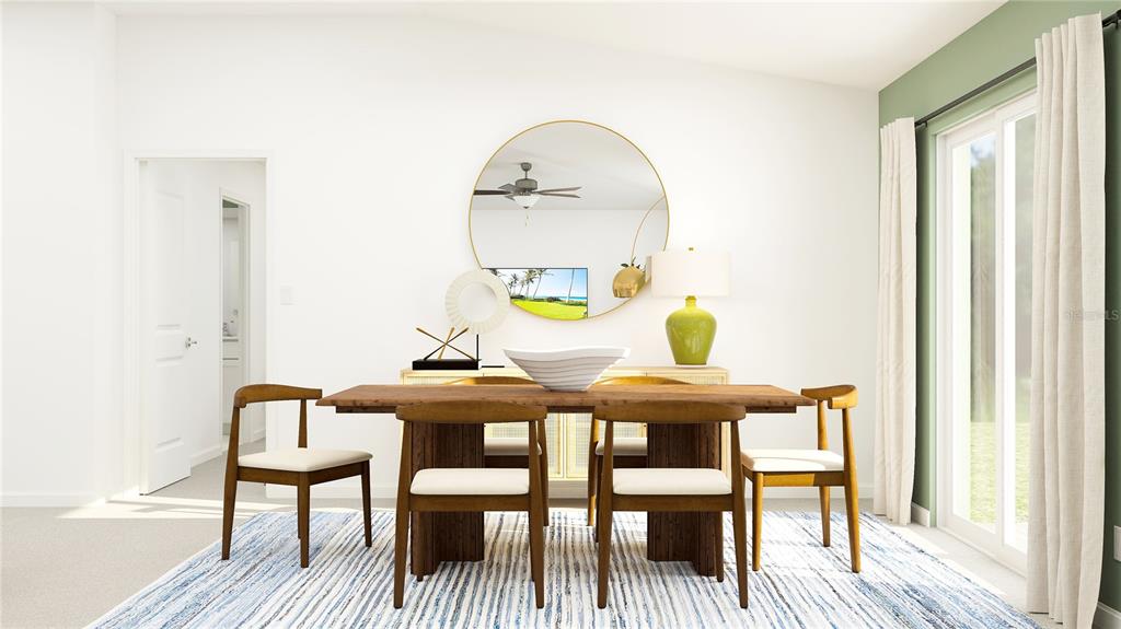 This is a digital rendering of a dining room with a wooden table and chairs — 3821 NORTHERN KEY DRIVE, PLANT CITY, FL