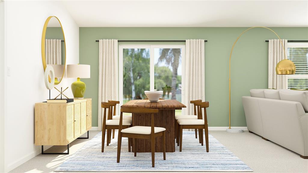 This rendering shows a dining area with a wooden table, chairs, and a sideboard — 3821 NORTHERN KEY DRIVE, PLANT CITY, FL