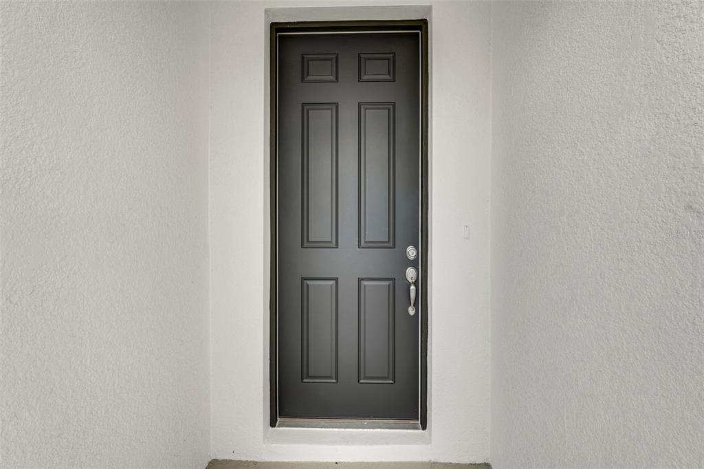 A dark gray six-panel front door is set within a plain white stucco entryway — 35127 TUSCAN HILL ROAD, DADE CITY, FL