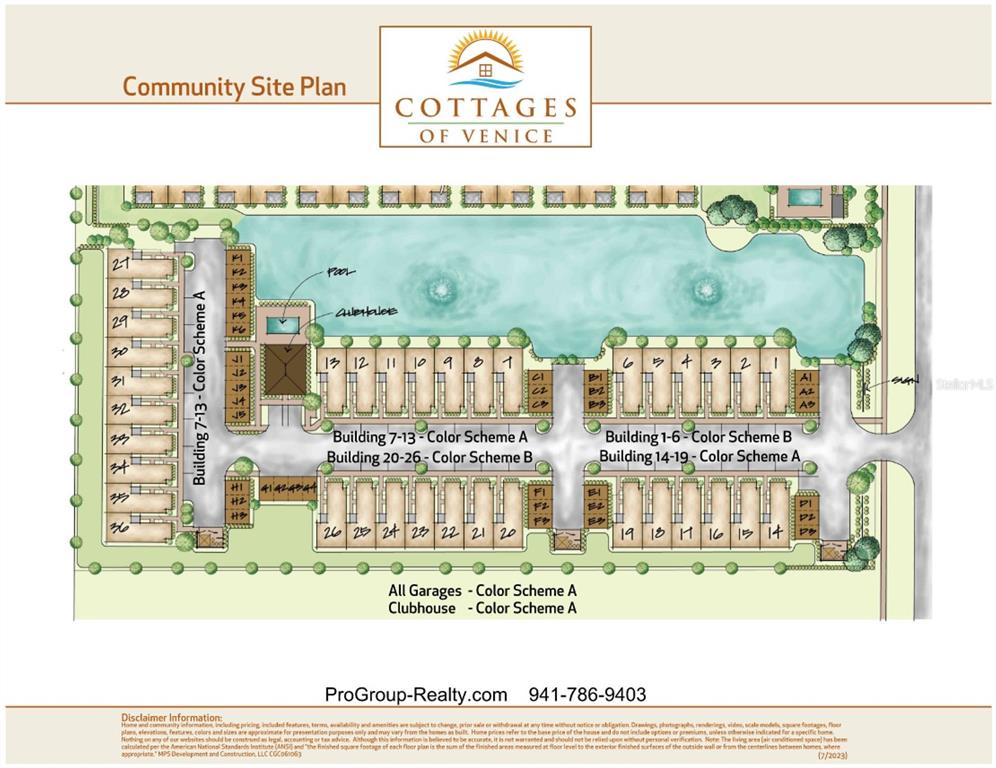 This community site plan shows the layout of buildings, a pool, and landscaping for Cottages of Venice — 124 CLIFTON WAY, VENICE, FL
