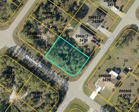 This is an aerial map showing a vacant residential lot highlighted in teal — LOT 21 ARMOUR TERRACE, NORTH PORT, FL