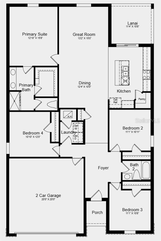 This is a floor plan for a single-story house with four bedrooms and a garage — 224 STREAMWATER WAY, GROVELAND, FL