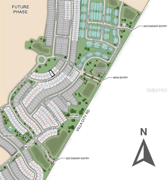This is a site plan rendering showing the layout of a residential community — 224 STREAMWATER WAY, GROVELAND, FL