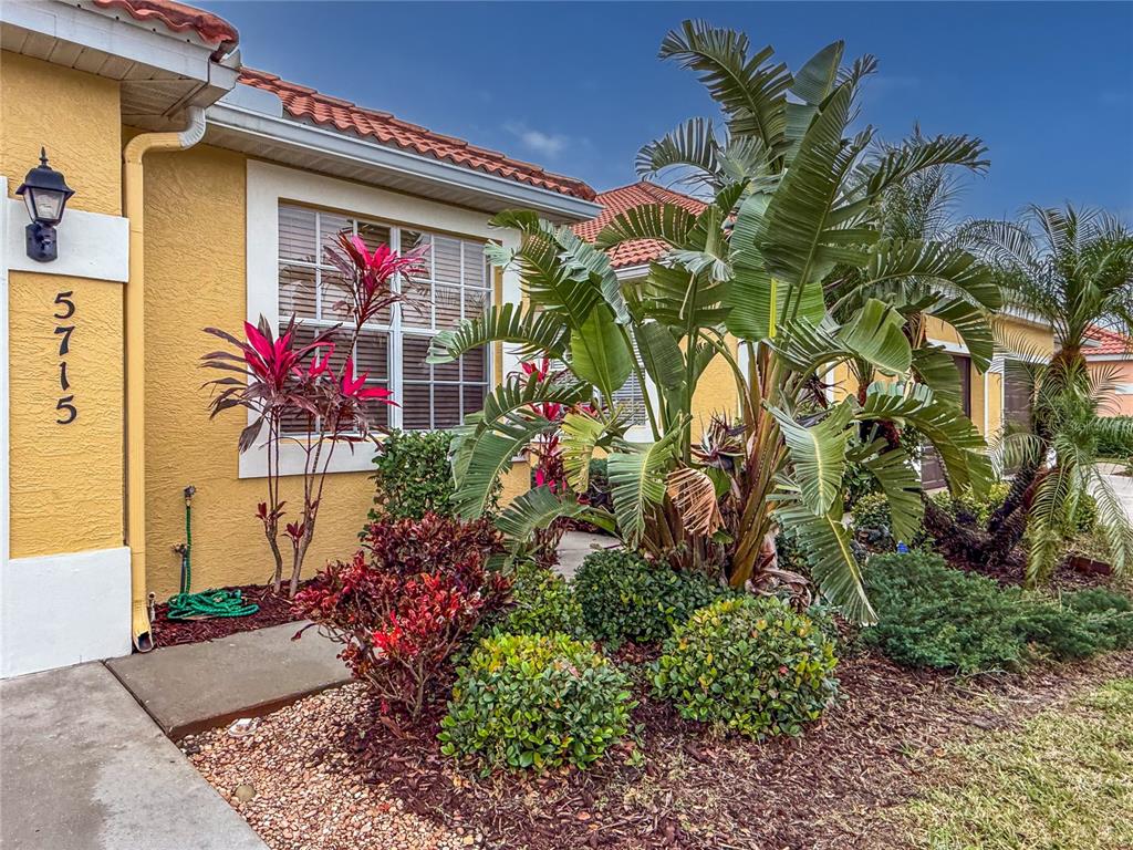 A yellow house exterior features a large palm plant, shrubs, and a house number — 5715 SPANISH POINT COURT, PALMETTO, FL