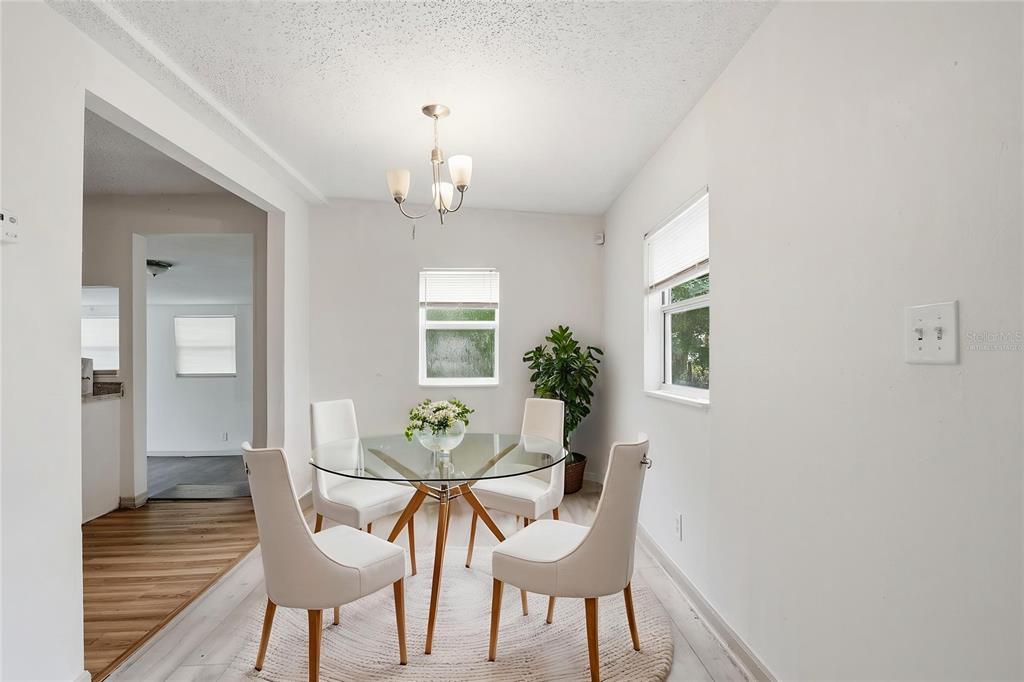 A dining room features a glass-topped table, four white chairs, and a central chandelier — 1510 E NAVAJO AVENUE, TAMPA, FL