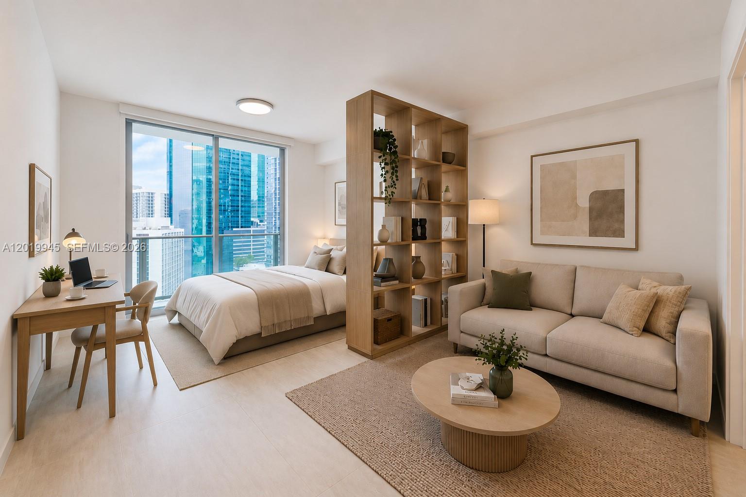 This is a rendering of a studio apartment featuring a room divider and city views — 77 5th St # 2604, Miami FL 33131, MIAMI, FL