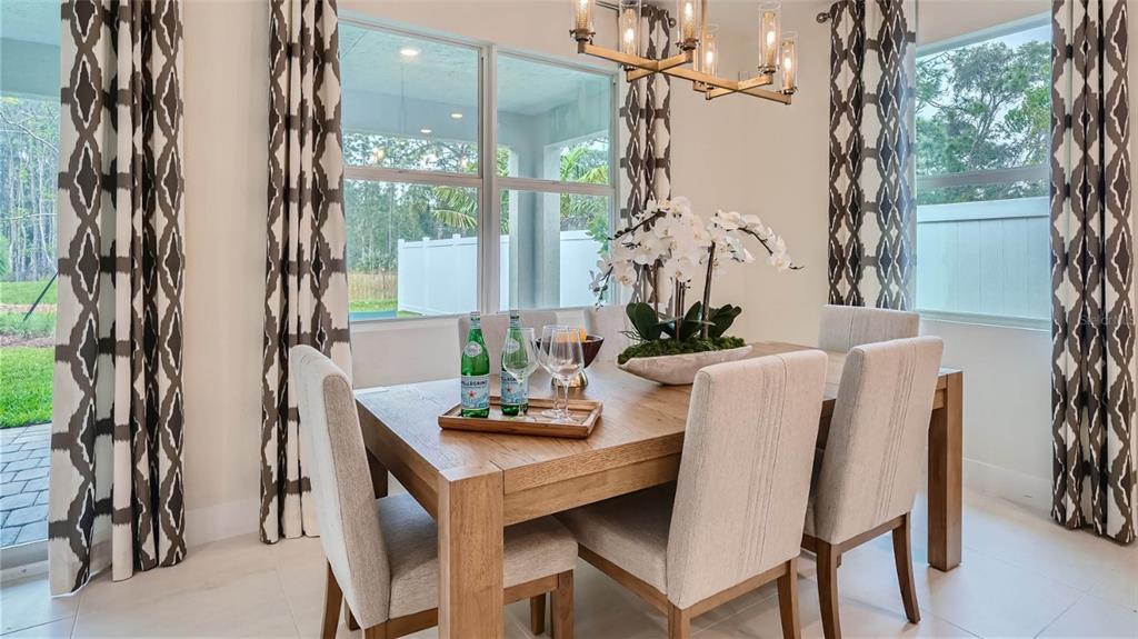 A dining room features a wooden table, upholstered chairs, patterned curtains, and a chandelier — 7349 SW 45TH COURT, OCALA, FL
