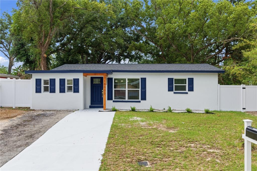 A single-story white house with blue shutters and a blue front door sits behind a lawn — 10003 N 24TH STREET, TAMPA, FL