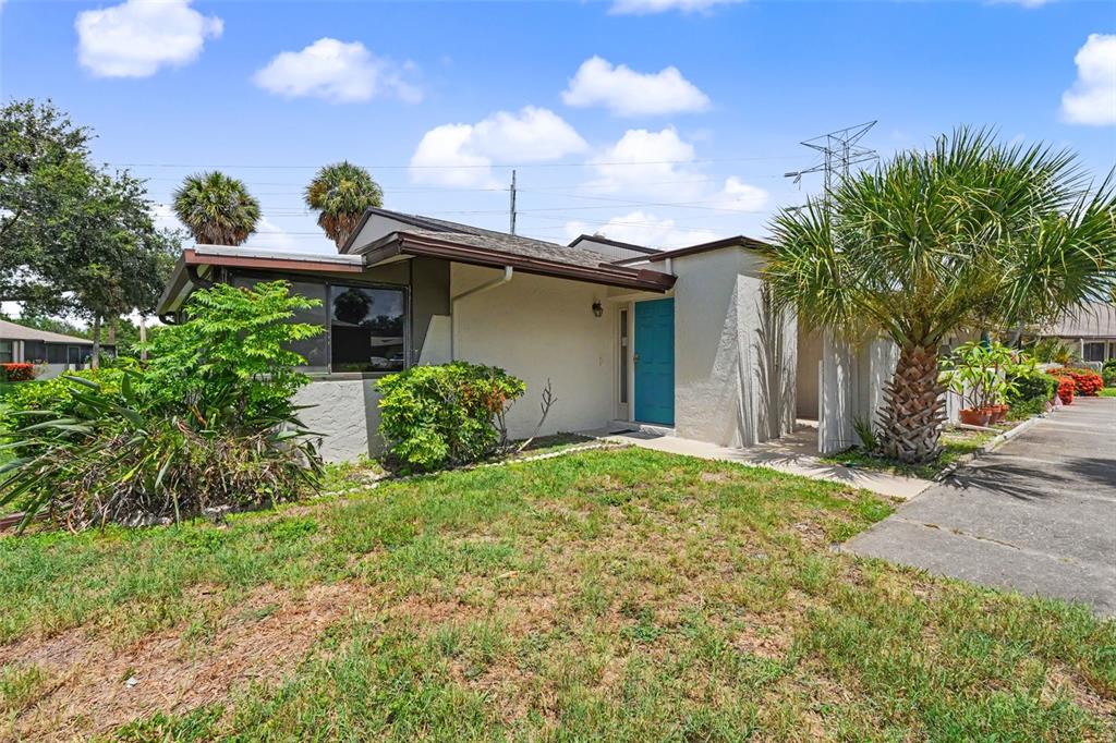 A single-story house with a blue front door, a flat roof, and a palm tree — 1502 16TH CIRCLE SE, LARGO, FL