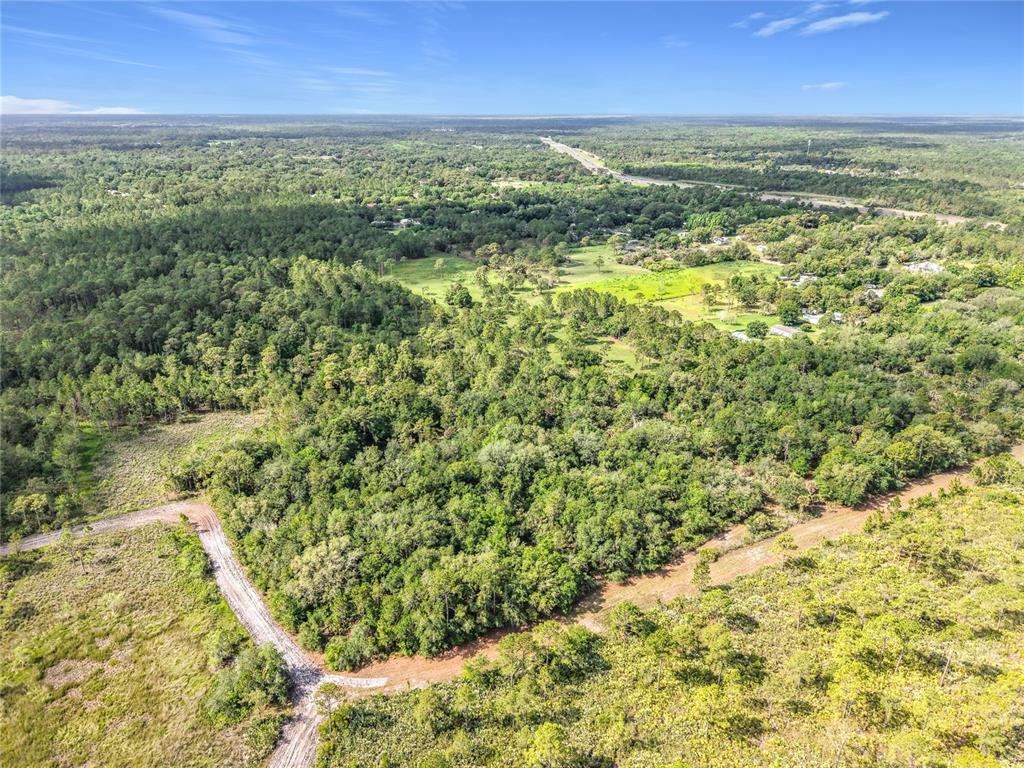 An aerial view shows a large, wooded lot with a dirt road and surrounding landscape — 20G-34-03-AI-5-3.19, MIMS, FL