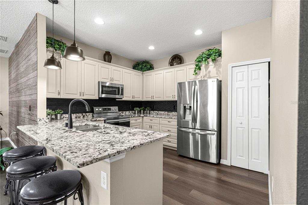 A kitchen features granite countertops, stainless steel appliances, off-white cabinets, and a wood-paneled accent wall — 27001 WHITE PLAINS WAY, LEESBURG, FL