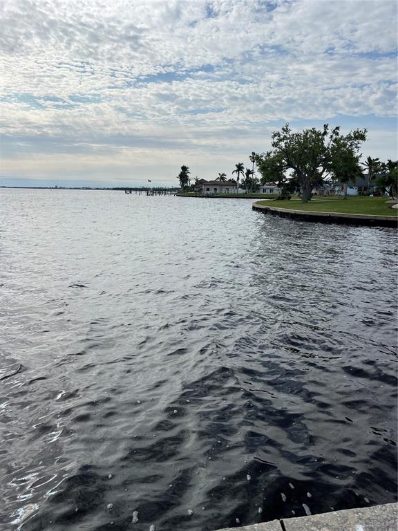 A view of a calm bay with a grassy shoreline, palm trees, and distant houses — 12437 RAN TERRACE, PORT CHARLOTTE, FL