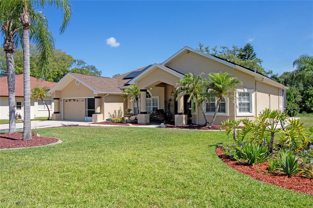 A single-story tan house with a two-car garage and palm trees in the front yard — 8933 THOREAU PLACE, HUDSON, FL