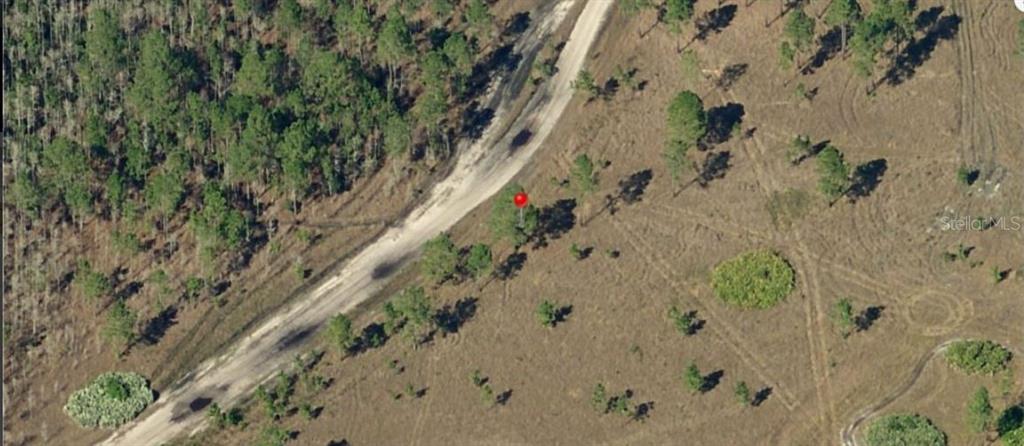 An aerial view shows a dirt road winding through a wooded and grassy rural landscape — HOLOPAW GROVES ROAD, ST CLOUD, FL