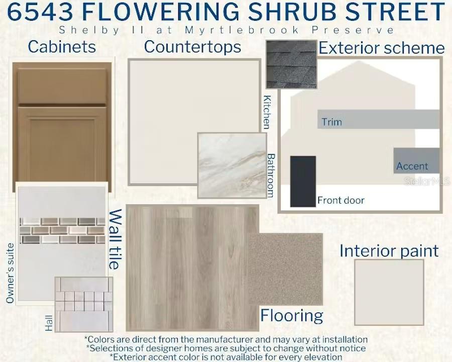 This design board displays interior and exterior finish selections for a new home construction project — 6543 FLOWERING SHRUB STREET, LAKELAND, FL
