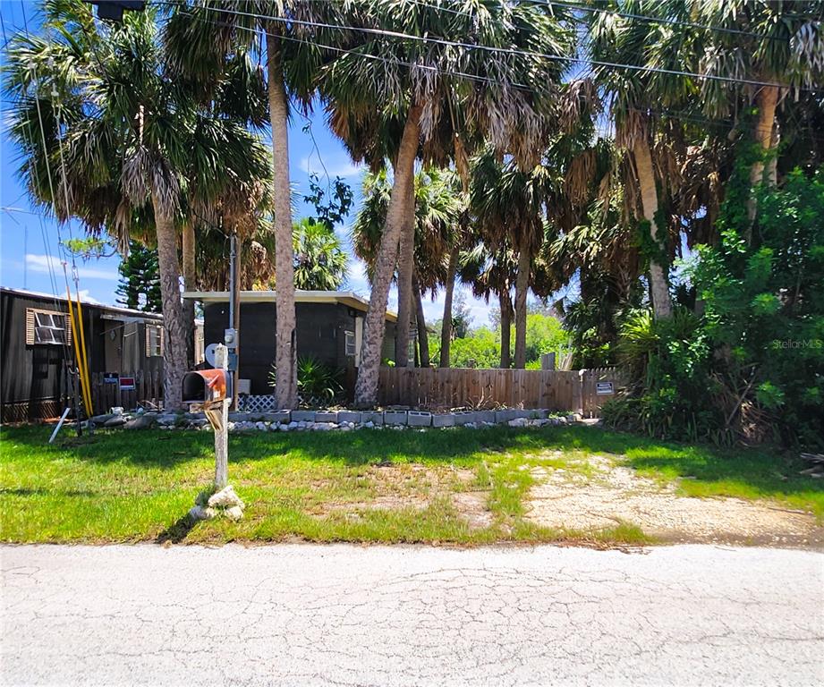 A small dark-colored house sits behind a wooden fence and palm trees — 6977 EDGEWATER DRIVE, NEW PORT RICHEY, FL