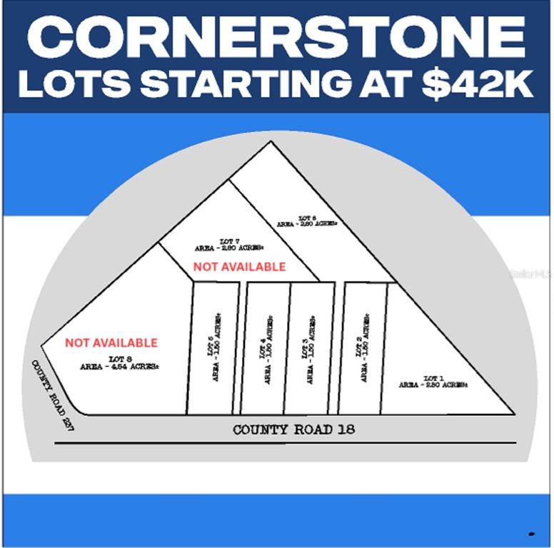 This map shows a land subdivision layout with eight numbered lots of varying acreage — 20994 SW COUNTY ROAD 18 Lot 2, BROOKER, FL