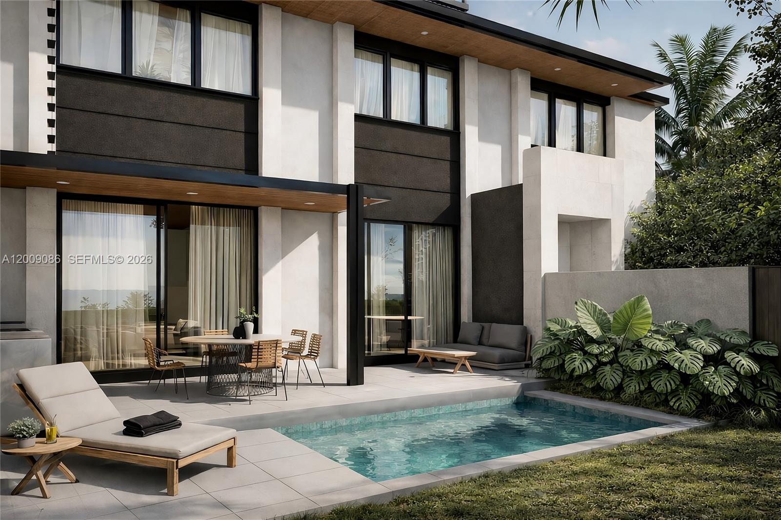 This is a rendering of a modern home exterior featuring a patio, pool, and lounge area — 1055 SW 12th Ct, Miami FL 33135, MIAMI, FL