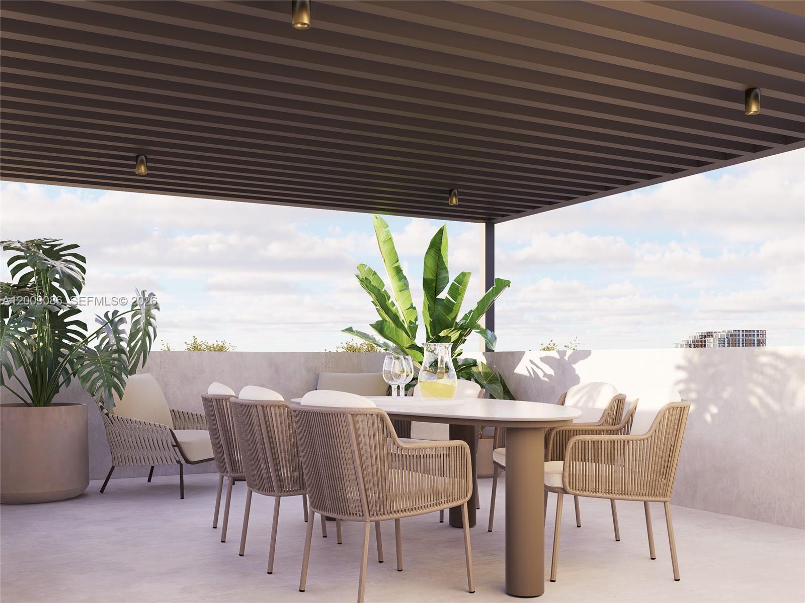 This is a rendering of an outdoor patio featuring a dining set under a pergola — 1055 SW 12th Ct, Miami FL 33135, MIAMI, FL