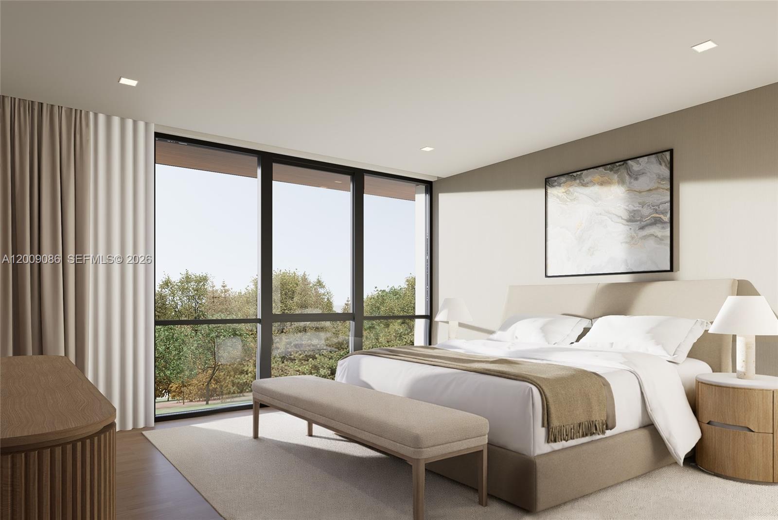 This is a rendering of a modern bedroom with floor-to-ceiling windows and neutral decor — 1055 SW 12th Ct, Miami FL 33135, MIAMI, FL