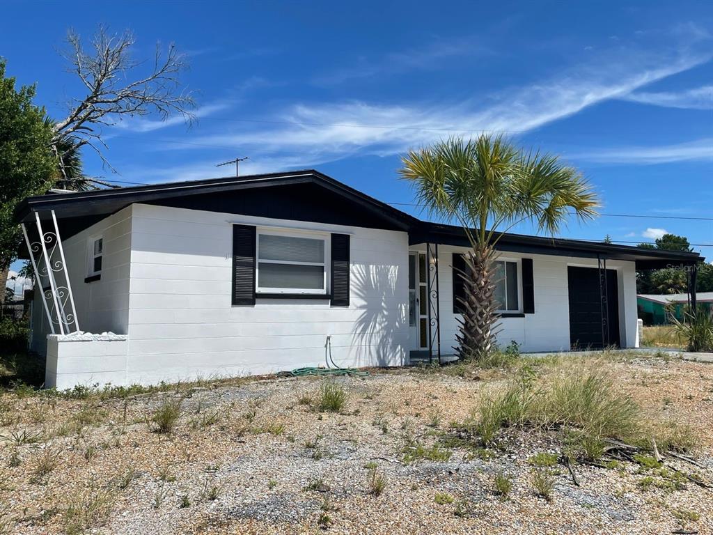 A single-story white house with black trim and shutters features a palm tree out front — 1130 POWERSONG STREET, HOLIDAY, FL
