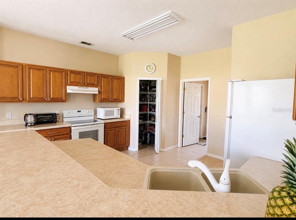 A kitchen features wood cabinets, laminate countertops, a double sink, and a walk-in pantry — 3578 VALLEYVIEW DRIVE, KISSIMMEE, FL