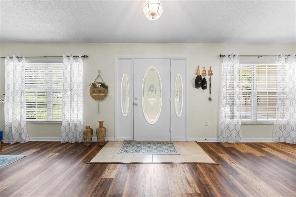 A bright entryway features a white front door with glass inserts, wood flooring, and windows — 16038 MALDEN ROAD, WEEKI WACHEE, FL