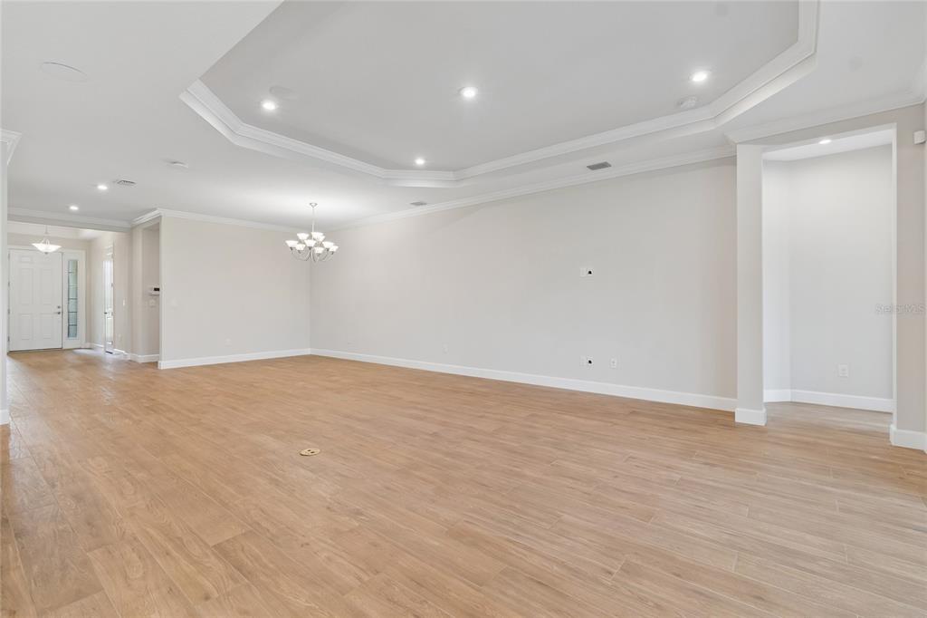 A spacious, open-concept living area features light wood-look tile flooring and a tray ceiling — 29306 GINNETTO DRIVE, WESLEY CHAPEL, FL