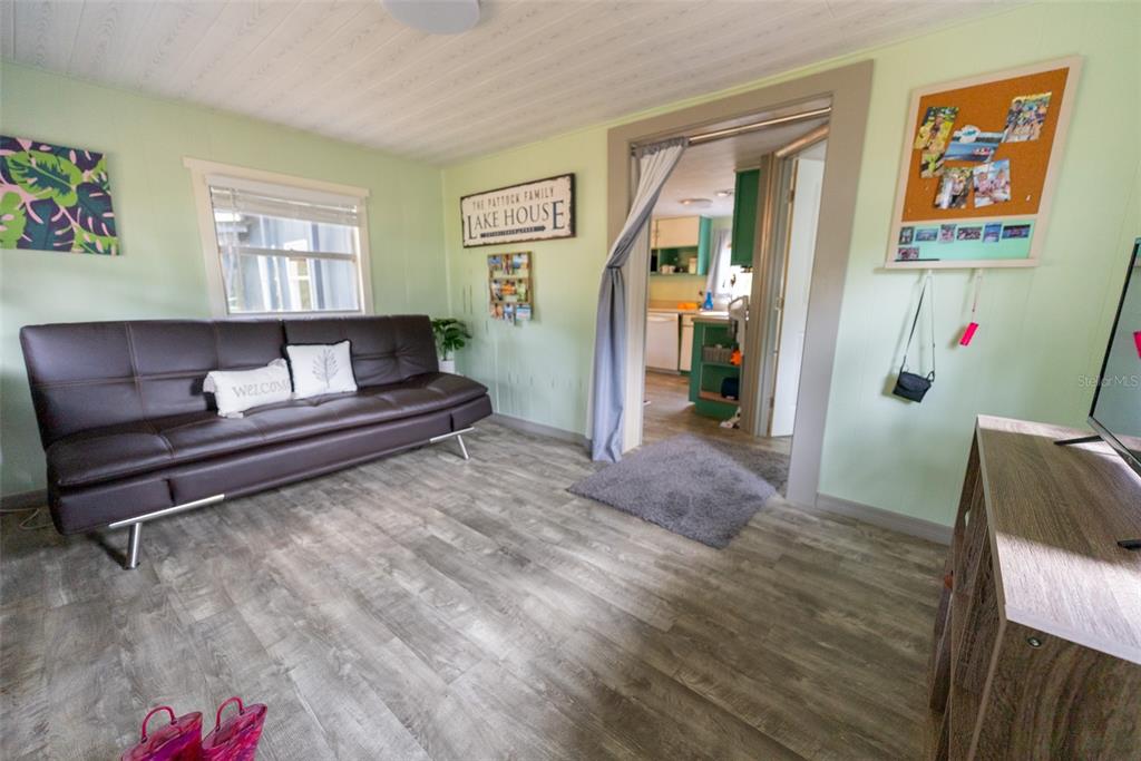 A living room with light green walls, a brown futon, and wood-look flooring — 21162 NE 146TH PLACE, SALT SPRINGS, FL