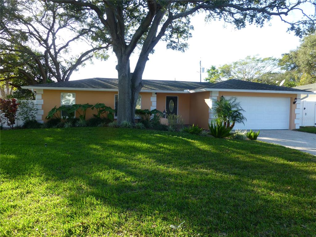 A single-story house with a peach-colored exterior, a two-car garage, and a large front tree — 752 PATRICIA AVENUE, DUNEDIN, FL
