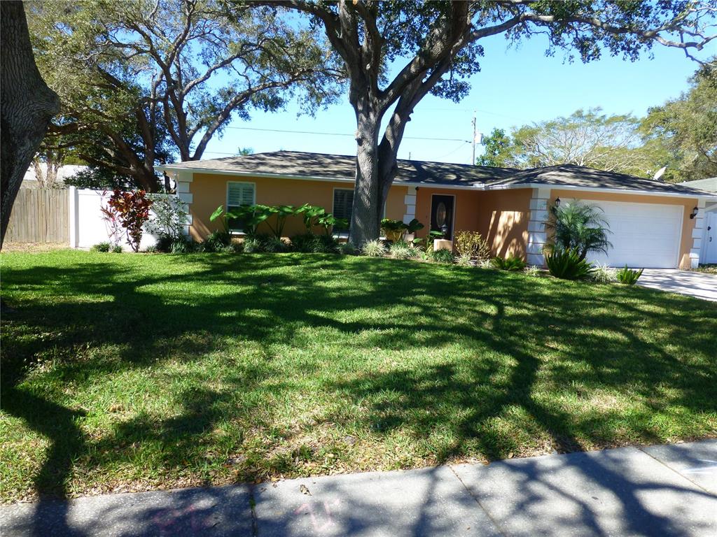 A single-story house with a tan exterior, white trim, and a large tree in the yard — 752 PATRICIA AVENUE, DUNEDIN, FL