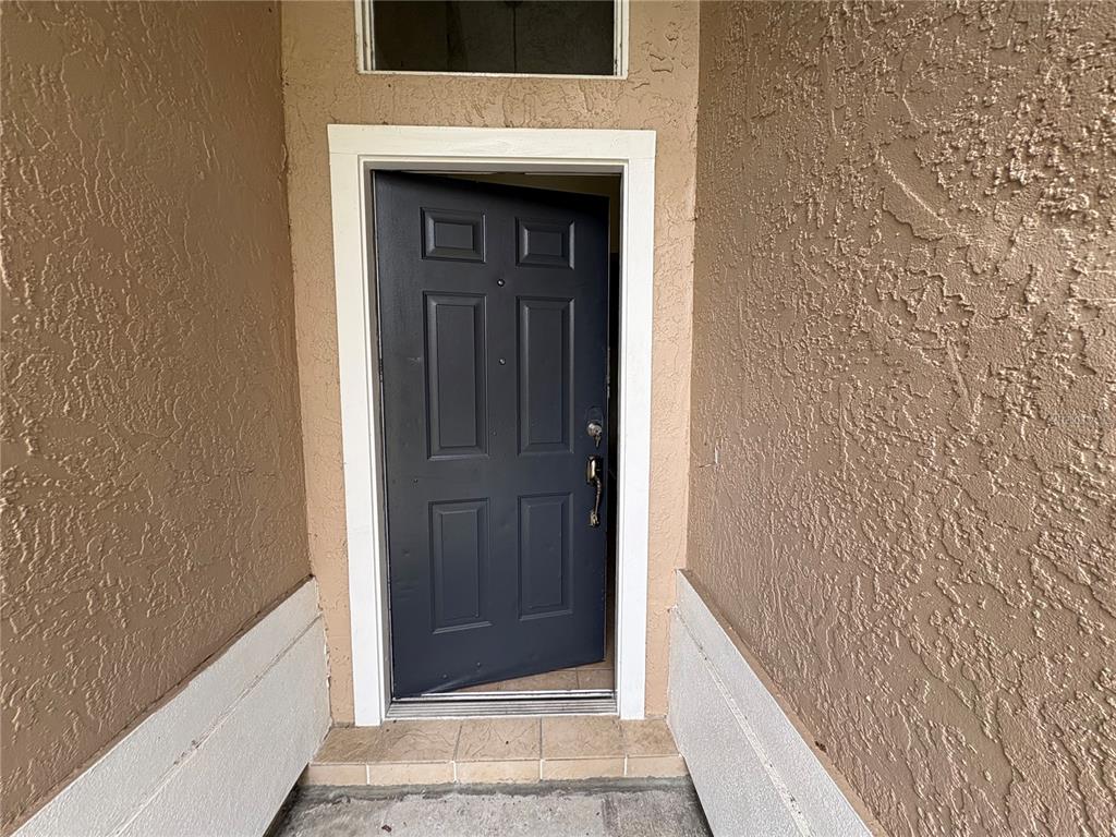 A dark gray six-panel front door is set within a tan stucco entryway — 7126 YARDLEY WAY, TAMPA, FL