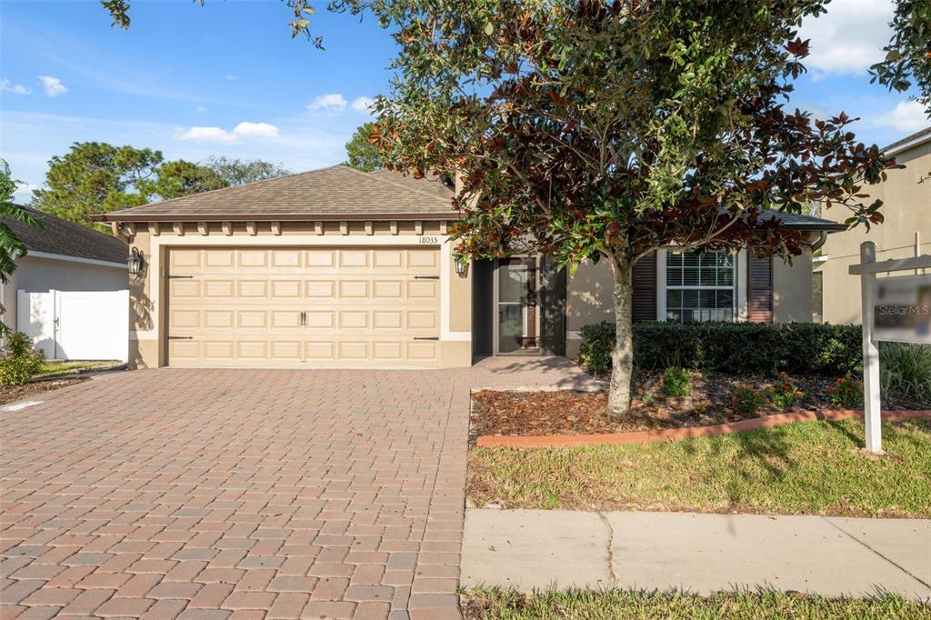 A single-story house with a brick paver driveway, a two-car garage, and a front tree — 18035 ARBOR CREST DRIVE, HUDSON, FL