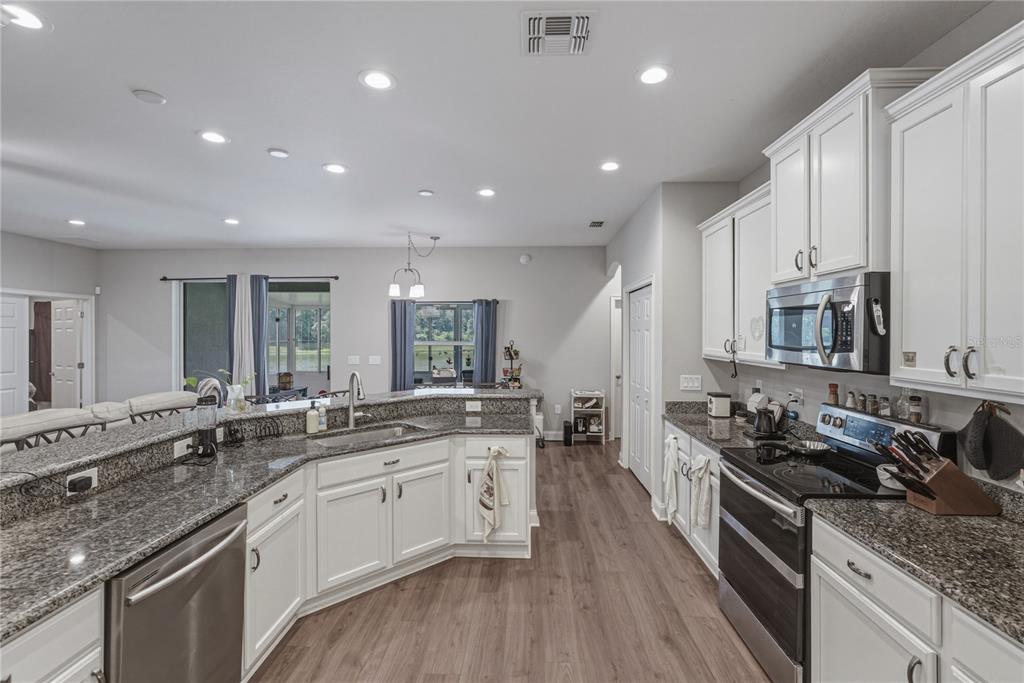 A kitchen features white cabinets, granite countertops, stainless steel appliances, and wood-look flooring — 1444 CYPRESS VIEW LANE, LAKELAND, FL