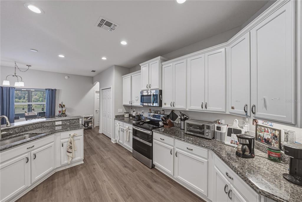 A kitchen features white cabinetry, granite countertops, stainless steel appliances, and wood-look flooring — 1444 CYPRESS VIEW LANE, LAKELAND, FL